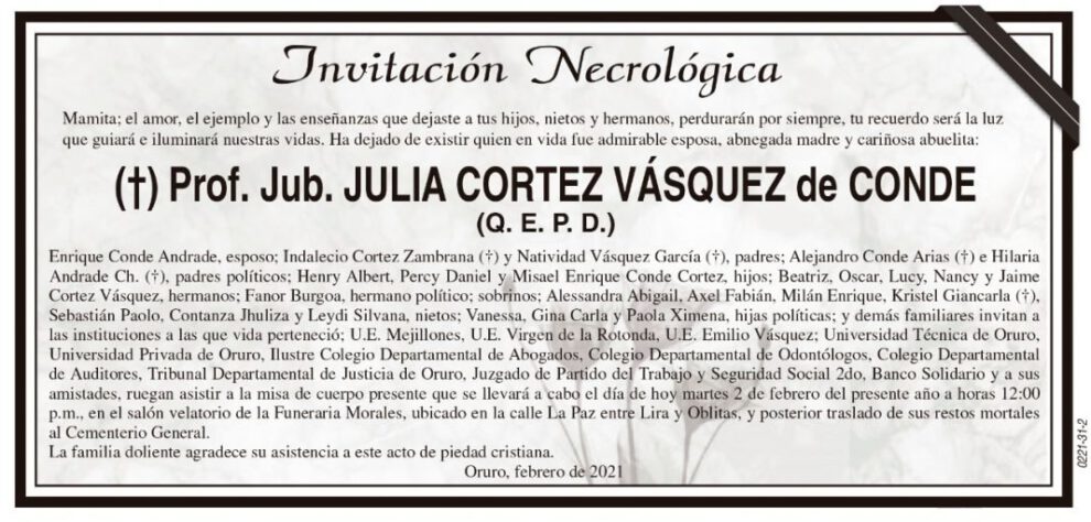 Invitación Necrológica de Julia Cortez Vásquez