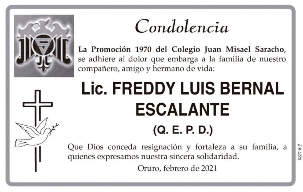 Condolencia por Freddy Luis Bernal Escalante