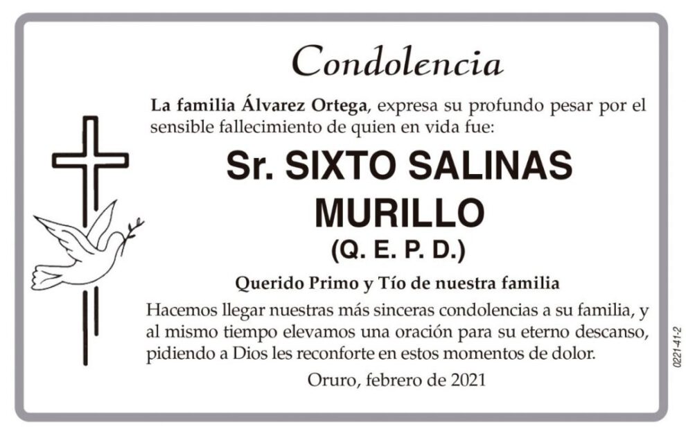 Condolencia por el fallecimiento de Sixto Salinas Murillo