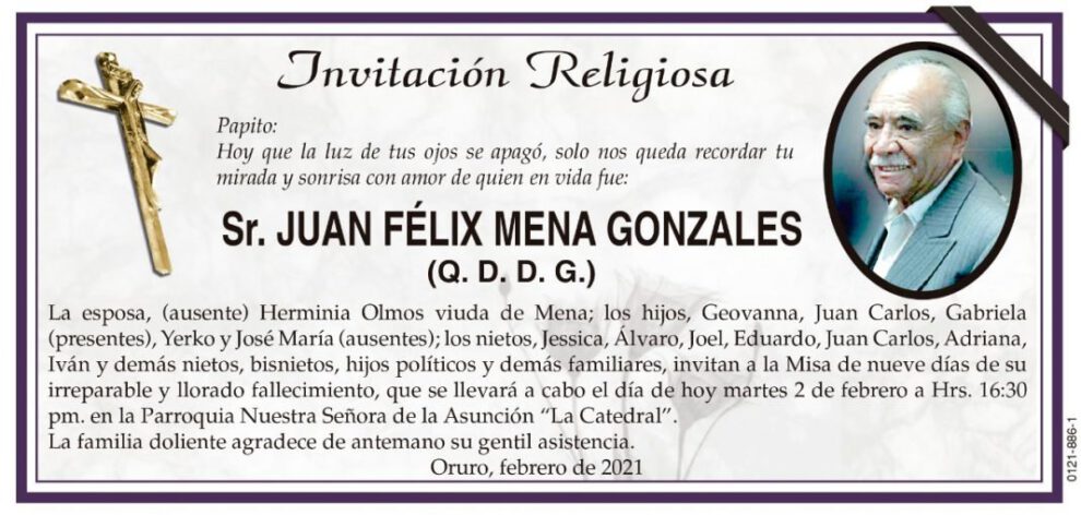 Invitación Religiosa para Juan Félix Mena Gonzales