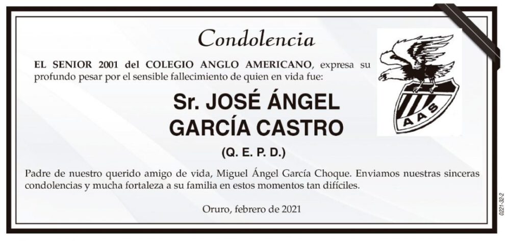 Condolencia por el fallecimiento de José Ángel García Castro