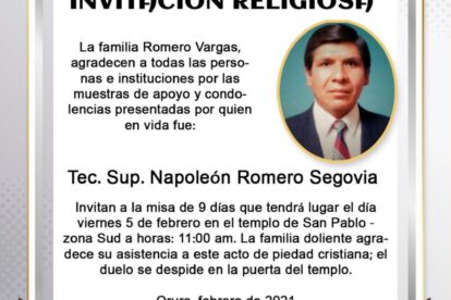 Invitación religiosa para Napoleón Romero Segovia