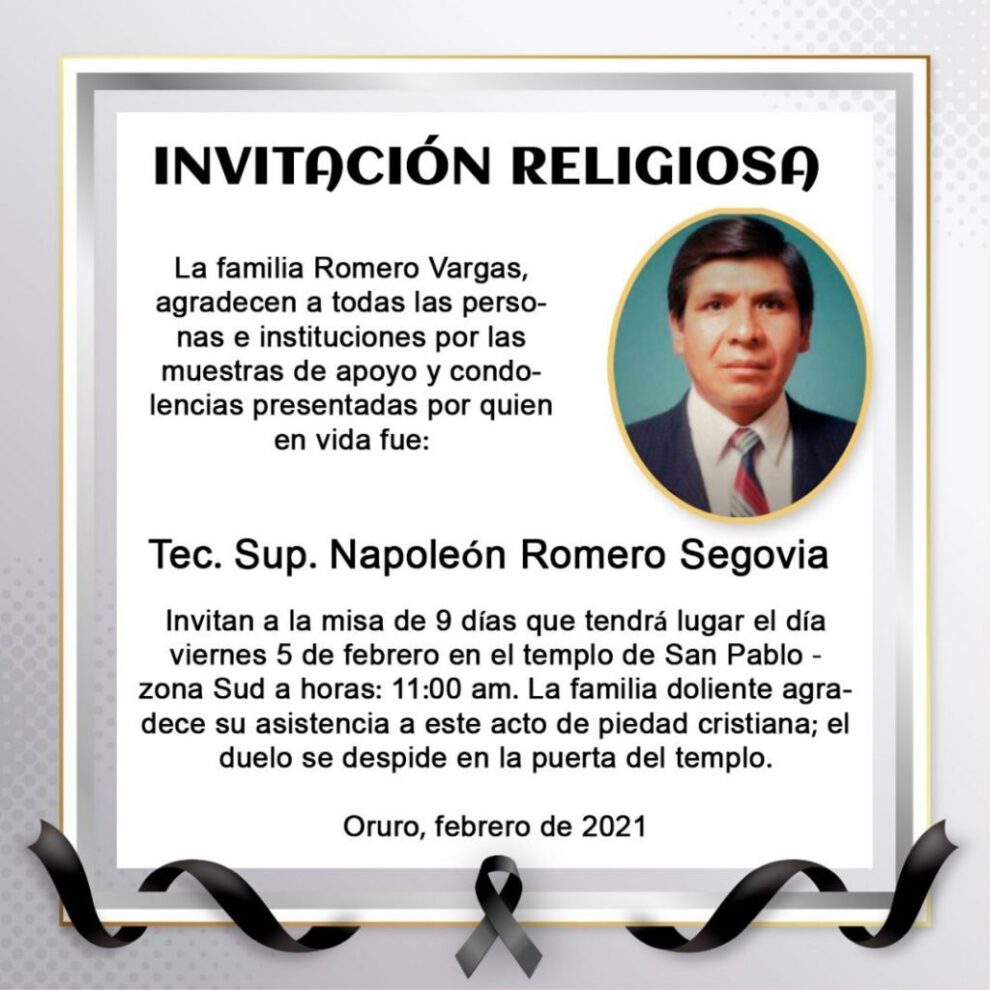 Invitación religiosa para Napoleón Romero Segovia
