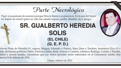 Parte Necrológico de Gualberto Heredia Solis