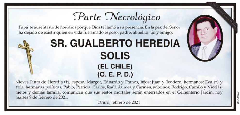 Parte Necrológico de Gualberto Heredia Solis