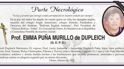Prof. EMMA PUÑA MURILLO, parte necrológico