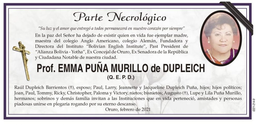 Prof. EMMA PUÑA MURILLO, parte necrológico