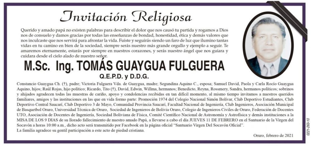 M.Sc. Ing. Tomás Guaygua Fulguera Q.E.P.D. obituario