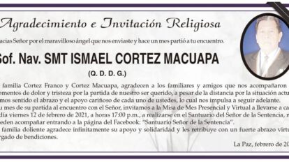 Agradecimiento por Sof. Nav. SMT ISMAEL CORTEZ MACUAPA