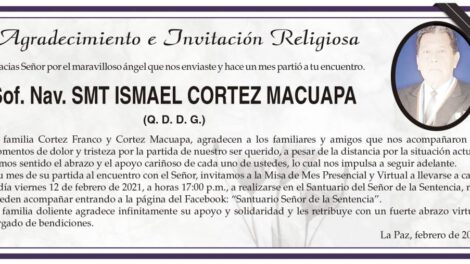 Agradecimiento por Sof. Nav. SMT ISMAEL CORTEZ MACUAPA