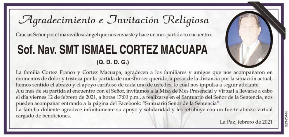 Agradecimiento por Sof. Nav. SMT ISMAEL CORTEZ MACUAPA