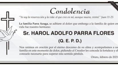 Condolencia por Harol Adolfo Parra Flores