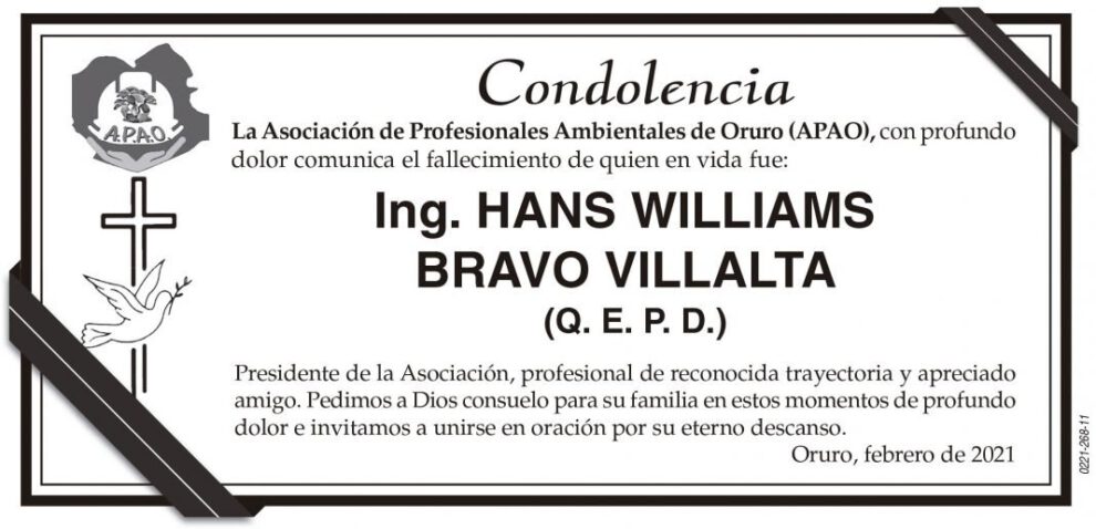 Condolencia por Hans Williams Bravo Villalta