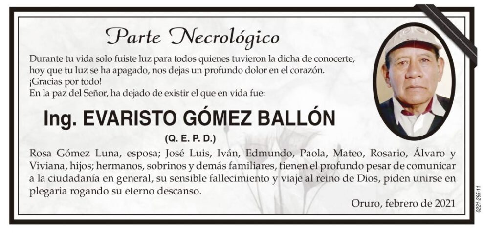 Necrológico de Ing. Evaristo Gómez Ballón