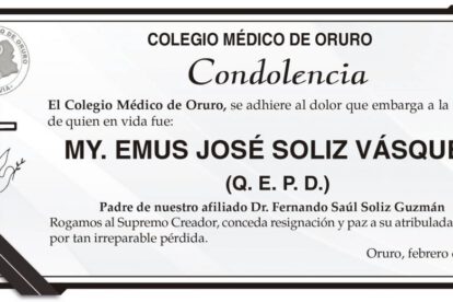 Condolencia por la pérdida de José Soliz Vásquez