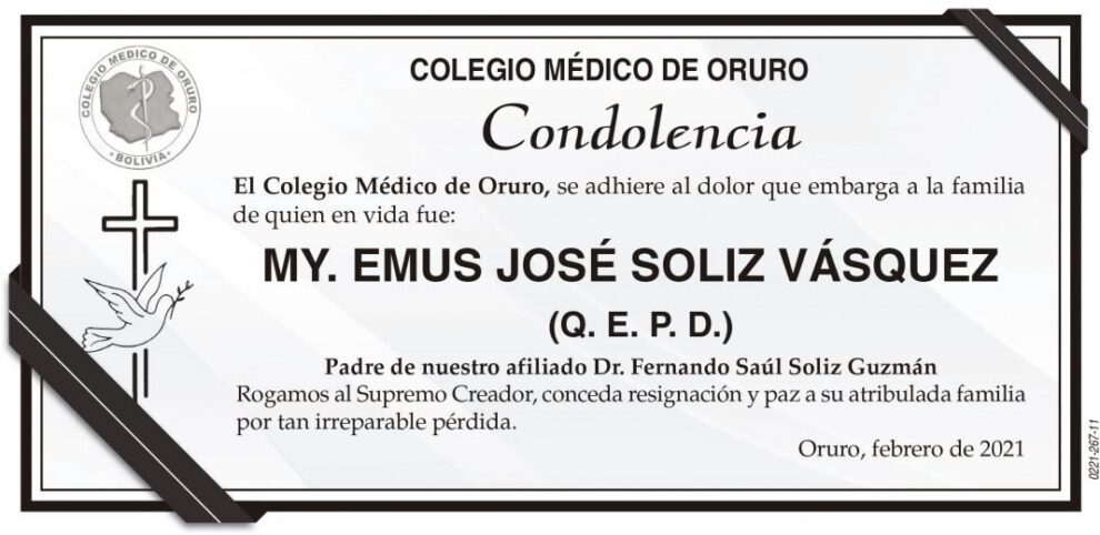Condolencia por la pérdida de José Soliz Vásquez