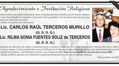 Agradecimiento e Invitación Religiosa por Carlos Raúl Terceros Murillo y Rilma Sonia Fuentes Soliz