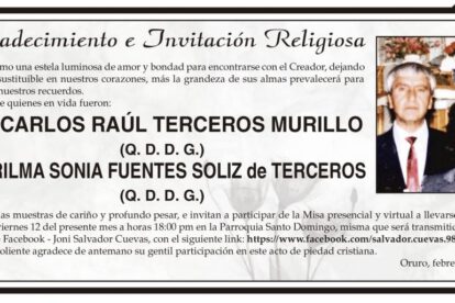 Agradecimiento e Invitación Religiosa por Carlos Raúl Terceros Murillo y Rilma Sonia Fuentes Soliz