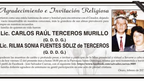 Agradecimiento e Invitación Religiosa por Carlos Raúl Terceros Murillo y Rilma Sonia Fuentes Soliz