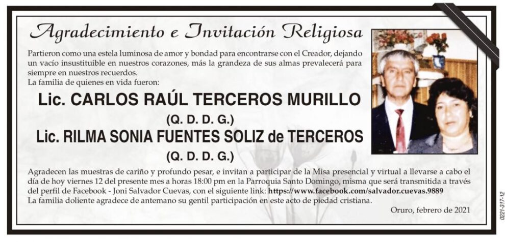 Agradecimiento e Invitación Religiosa por Carlos Raúl Terceros Murillo y Rilma Sonia Fuentes Soliz