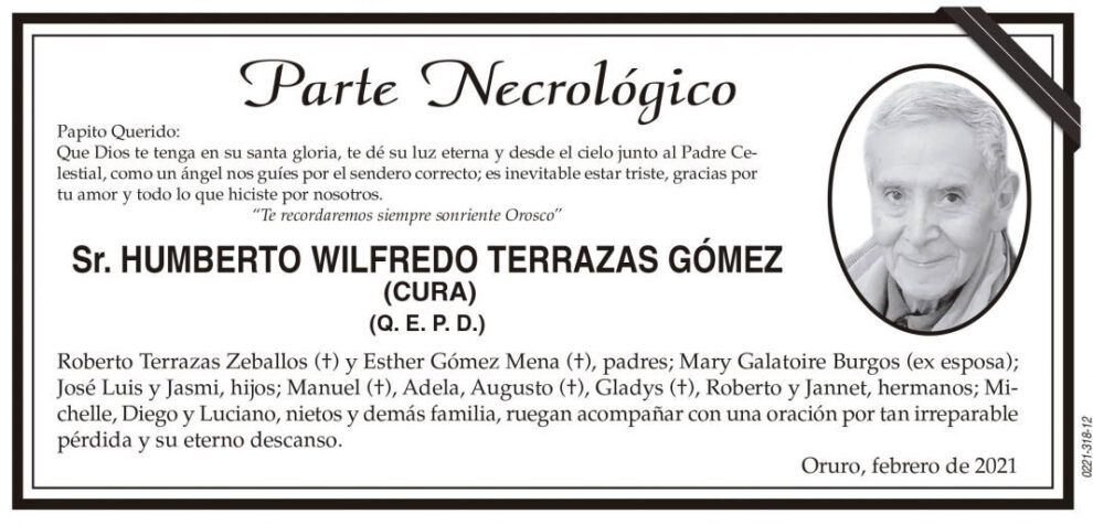 Parte Necrológico de Humberto Wilfredo Terrazas Gómez