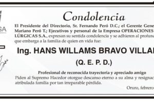 Condolencia por Ing. Hans Willams Bravo Villalta