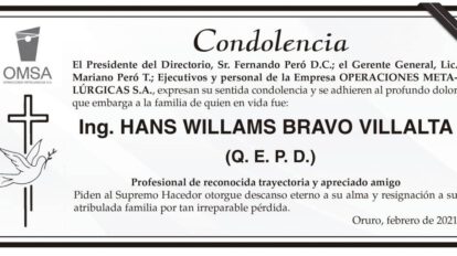 Condolencia por Ing. Hans Willams Bravo Villalta