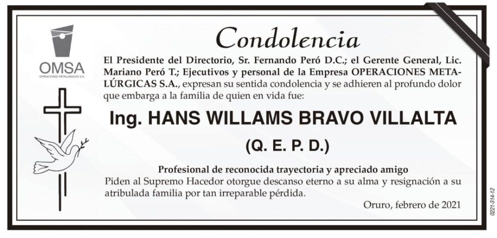 Condolencia por Ing. Hans Willams Bravo Villalta