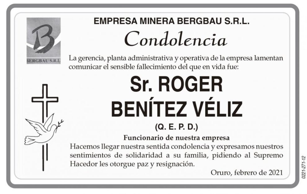 Condolencia por el fallecimiento de Roger Benítez Véliz