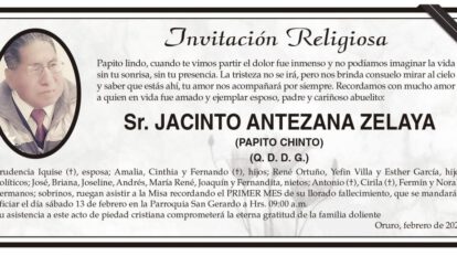 Invitación Religiosa para Jacinto Antezana Zelaya