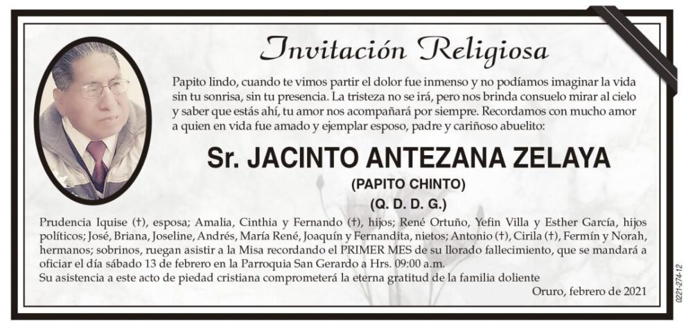 Invitación Religiosa para Jacinto Antezana Zelaya