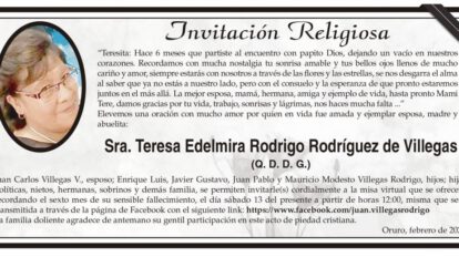 Invitación Religiosa para Sra. Teresa Edelmira Rodrigo Rodríguez de Villegas