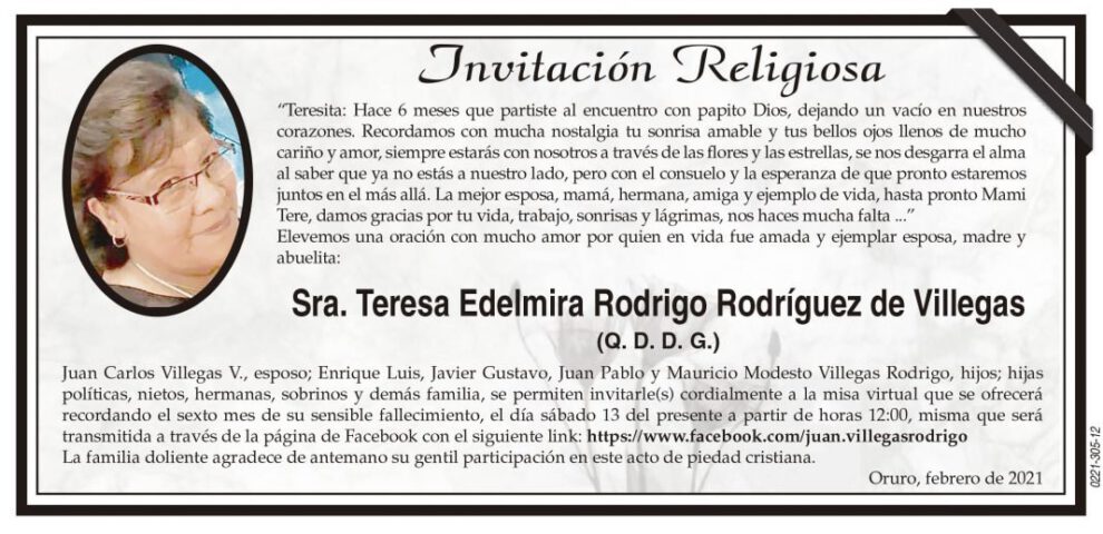 Invitación Religiosa para Sra. Teresa Edelmira Rodrigo Rodríguez de Villegas