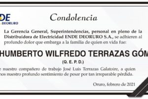 Condolencia por la pérdida de Humberto Wilfredo Terrazas Gómez