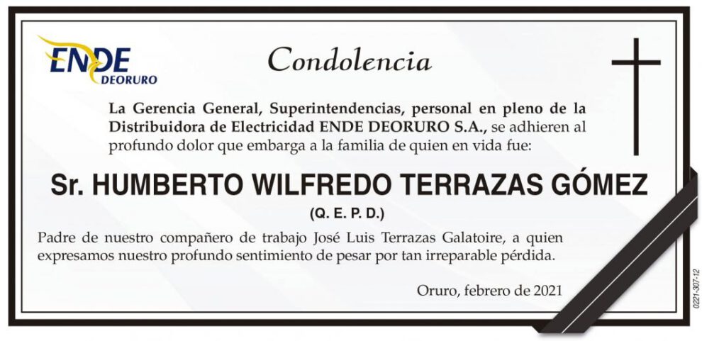 Condolencia por la pérdida de Humberto Wilfredo Terrazas Gómez