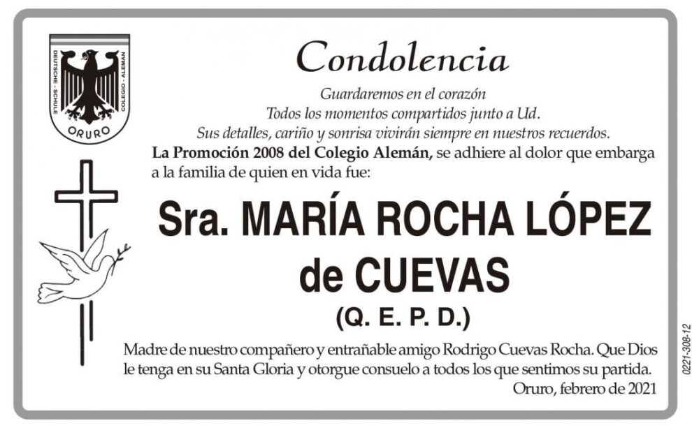 Condolencia por la partida de María Rocha López de Cuevas