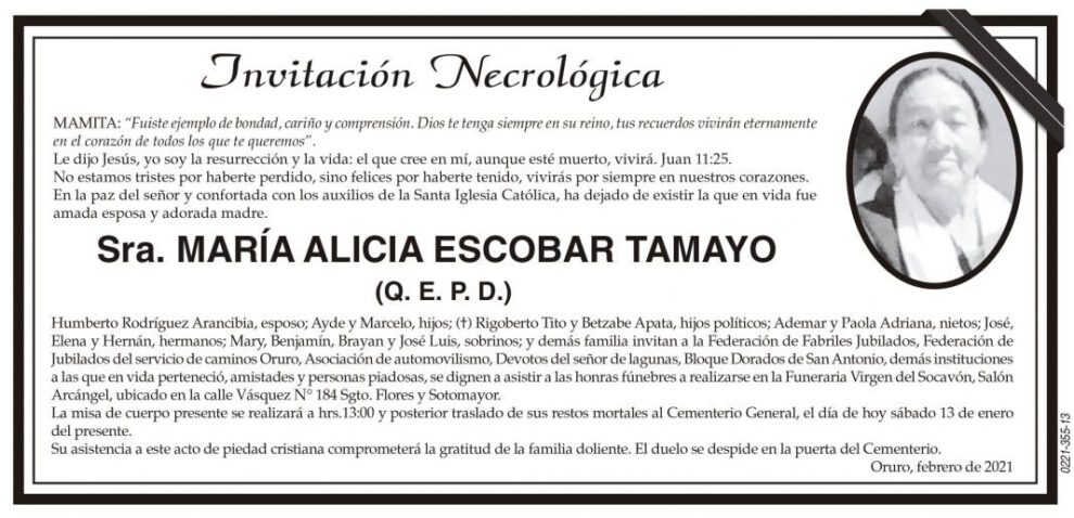 Invitación Necrológica de María Alicia Escobar Tamayo