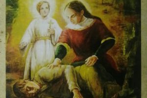 Cuadro pintado por Adrián Díaz, representación de la ayuda de la Virgen del Socavón