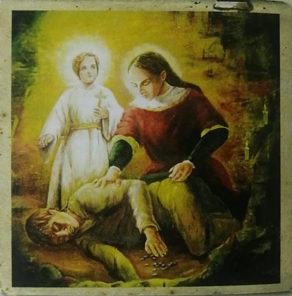 Cuadro pintado por Adrián Díaz, representación de la ayuda de la Virgen del Socavón