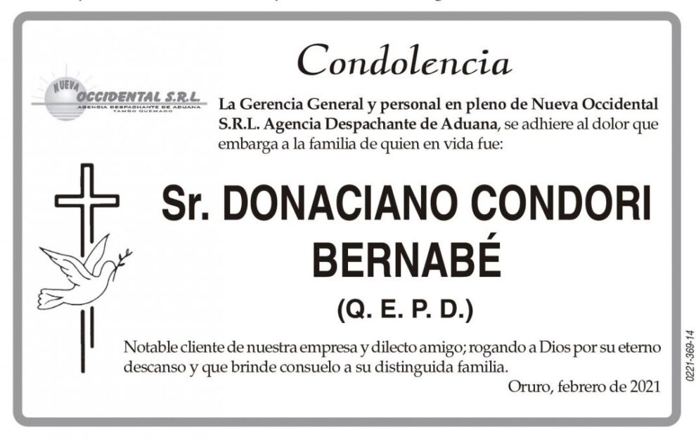 Condolencia por el fallecimiento de Donaciano Condori Bernabé