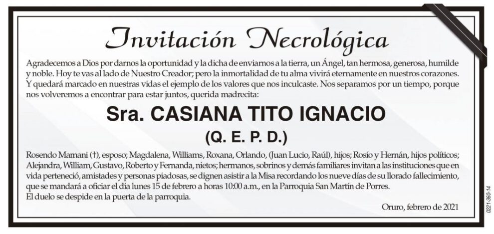 Invitación Necrológica de Casiana Tito Ignacio