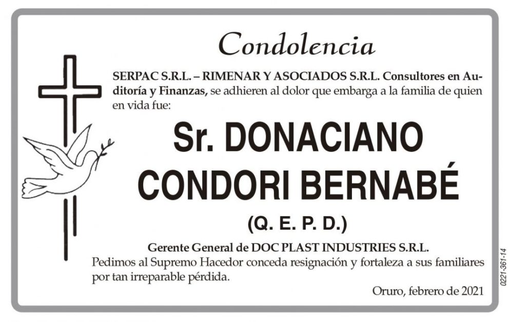 Condolencia por la pérdida de Donaciano Condori Bernabé