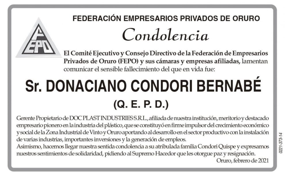 Condolencia por el fallecimiento de Donaciano Condori Bernabé