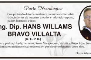 Parte Necrológico: Ing. Dip. Hans Willams Bravo Villalta