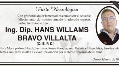Parte Necrológico: Ing. Dip. Hans Willams Bravo Villalta