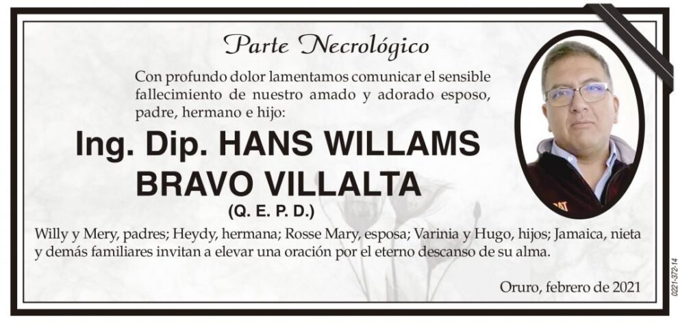Parte Necrológico: Ing. Dip. Hans Willams Bravo Villalta