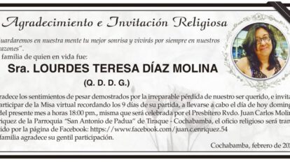 Agradecimiento e Invitación Religiosa por Lourdes Teresa Díaz Molina