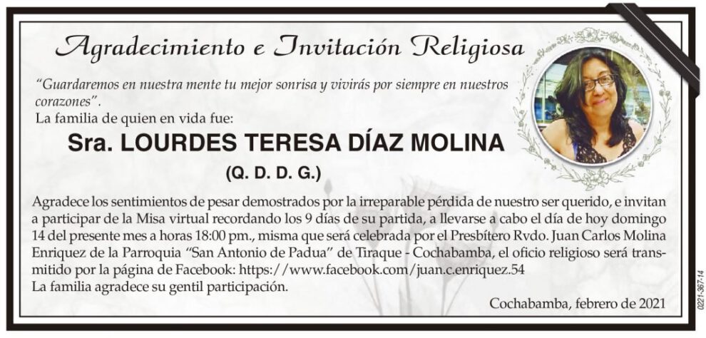 Agradecimiento e Invitación Religiosa por Lourdes Teresa Díaz Molina