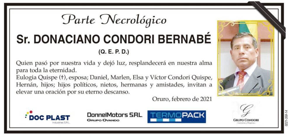Parte Necrológico de Donaciano Condori Bernabé