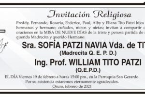 Invitación Religiosa a la misa de nueve días por Sra. Sofía Patzi Navia